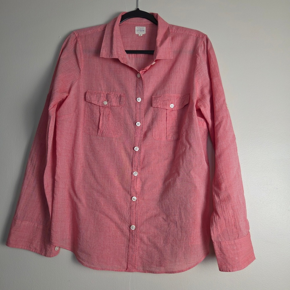 J.Crew The Perfect Shirt Pink Coral Long Sleeve Button Up Linen Top Womens M
